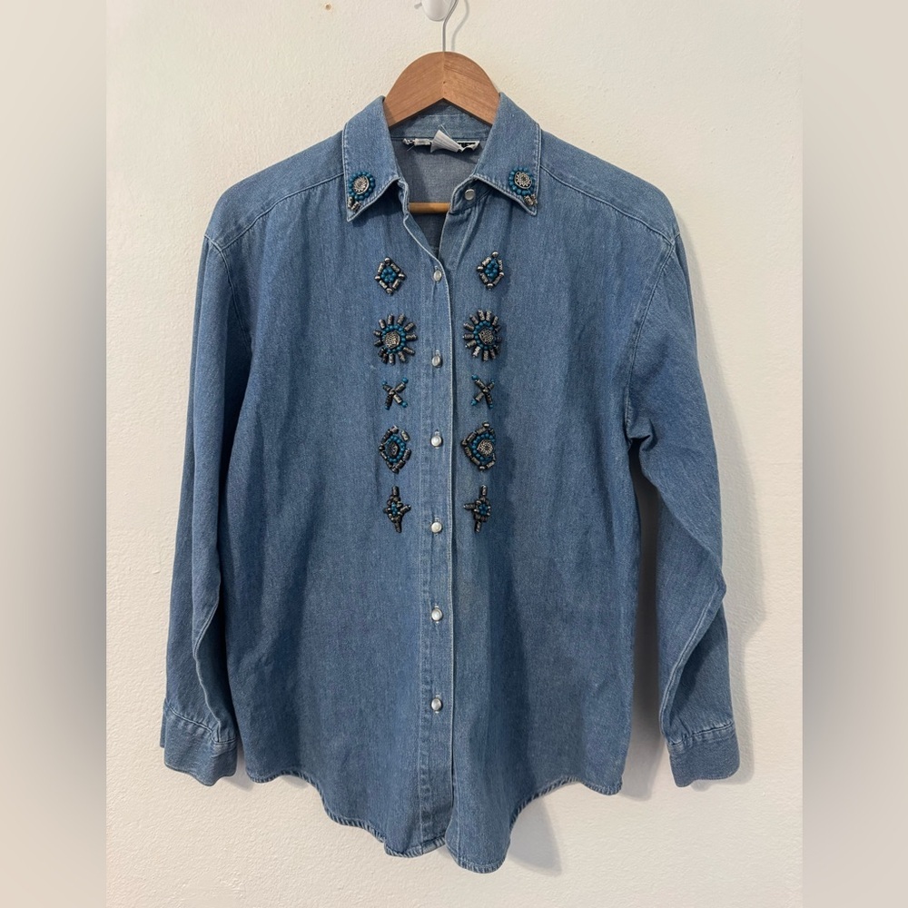 Vintage New Frontier Beaded Denim Button Up Shirt Southwestern Country Sz Small